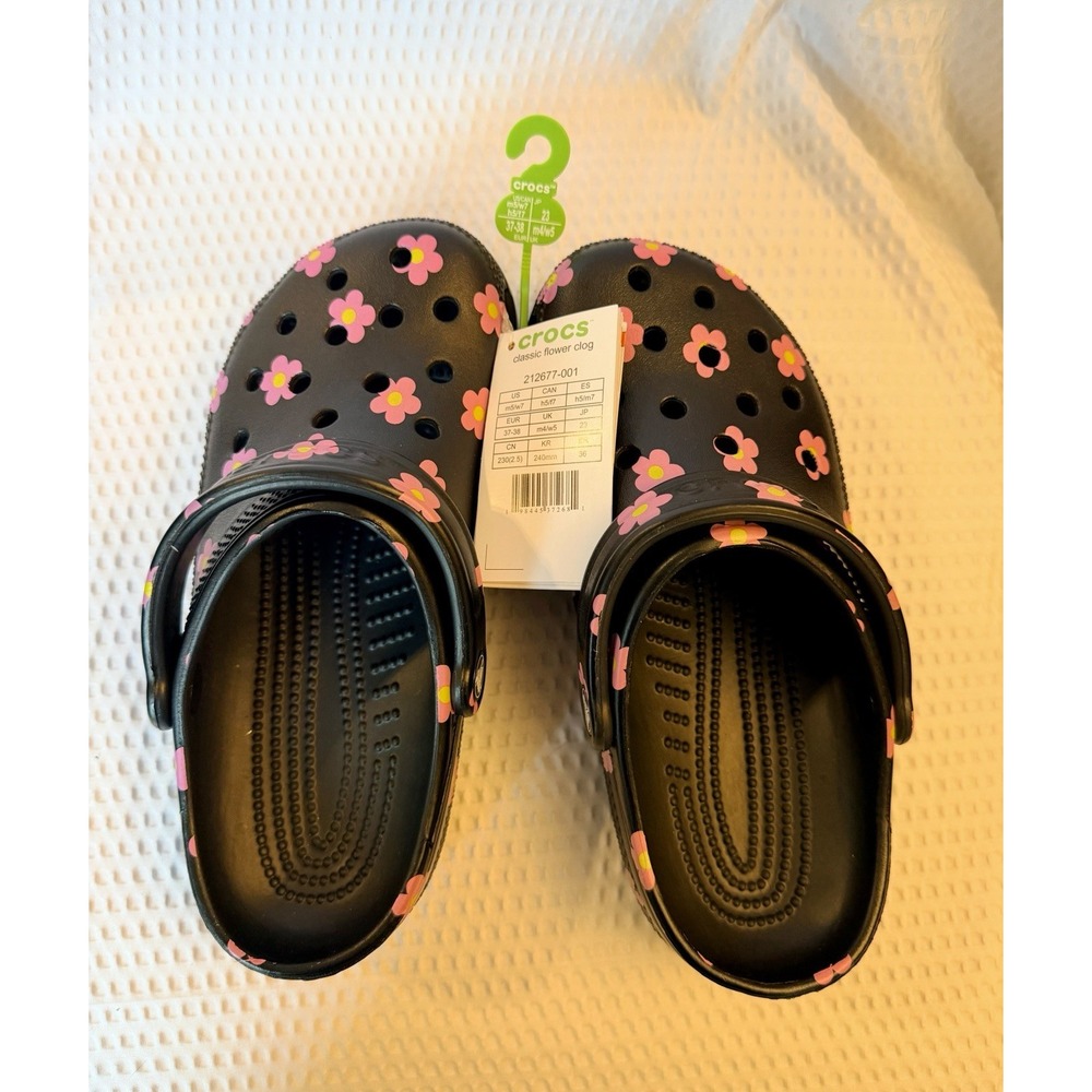 Crocs Classic Flower Clog Black Floral Slip On Round Toe 212677-001 Size 5M/7W